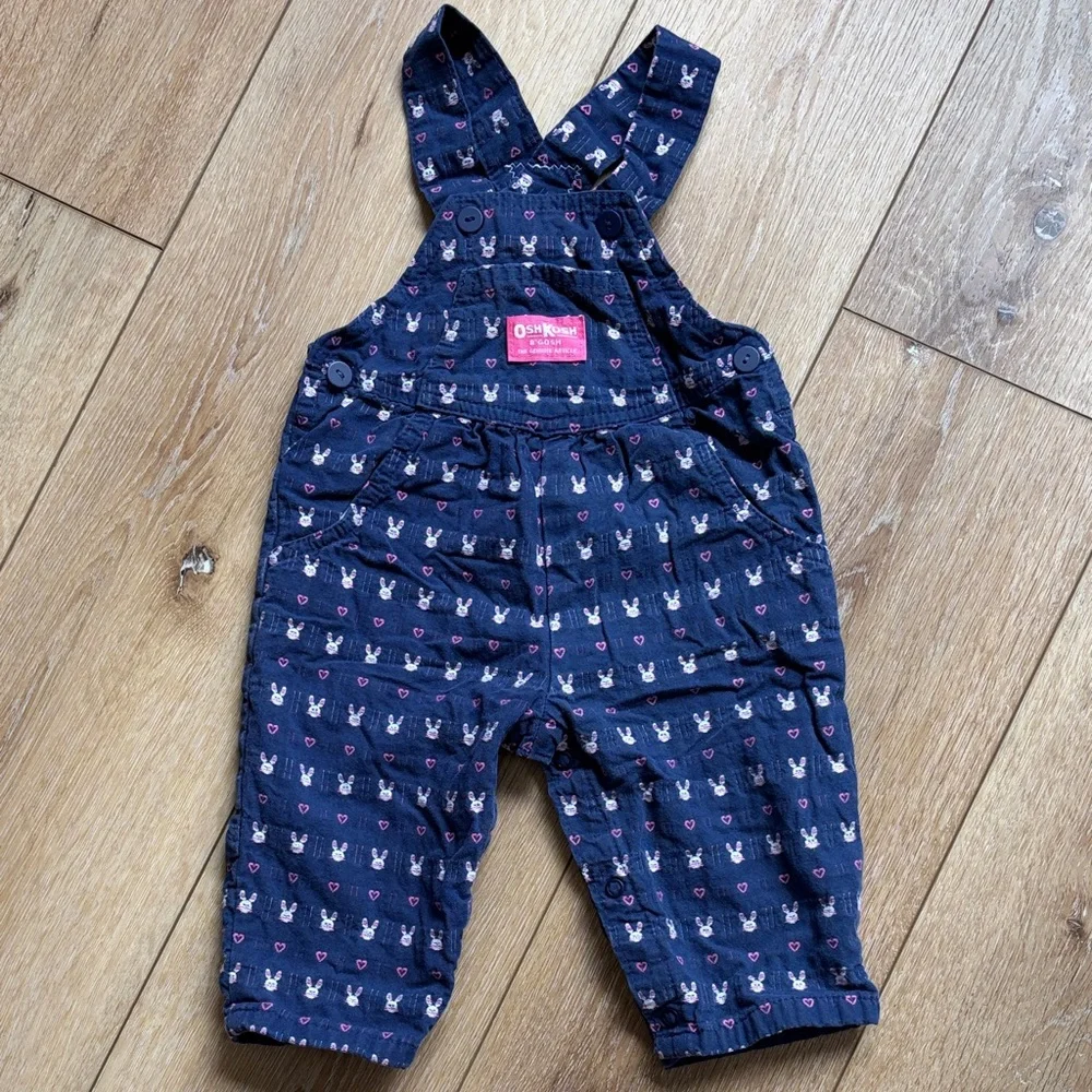 Vintage OshKosh B'gosh Embroidered Bunny Rabbit Overalls Baby Girls 12M Blue
